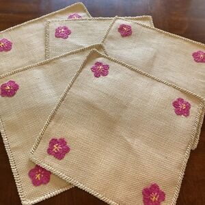 Vintage Set of 5 Raffia Straw Placemats Tropical Hawaiian Floral 15" Square